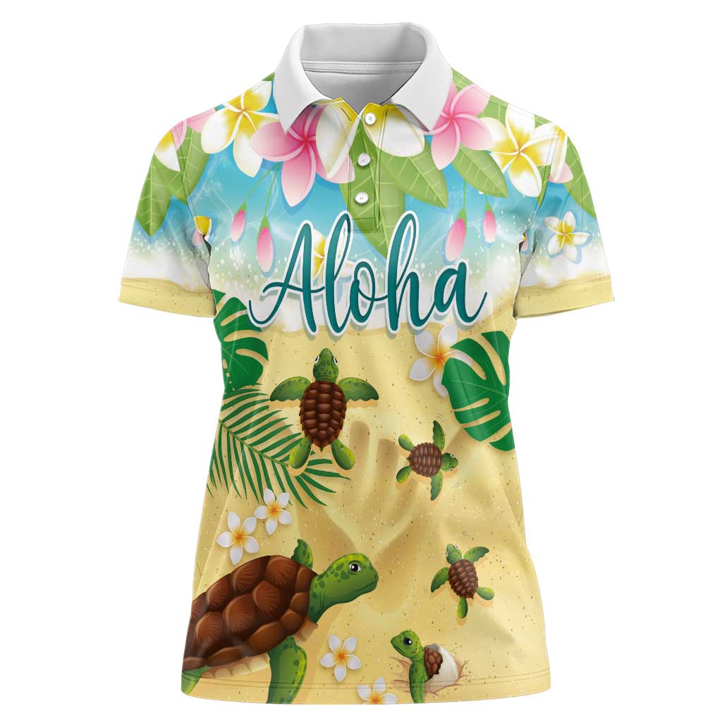 Aloha Turtle Family on The Beach Women Polo Shirt with Hawaiian Colorful Plumeria LT03 Female Beige - Polynesian Pride
