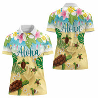 Aloha Turtle Family on The Beach Women Polo Shirt with Hawaiian Colorful Plumeria LT03 - Polynesian Pride
