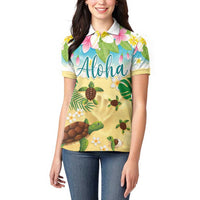 Aloha Turtle Family on The Beach Women Polo Shirt with Hawaiian Colorful Plumeria LT03 - Polynesian Pride