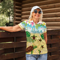 Aloha Turtle Family on The Beach Women Polo Shirt with Hawaiian Colorful Plumeria LT03 - Polynesian Pride