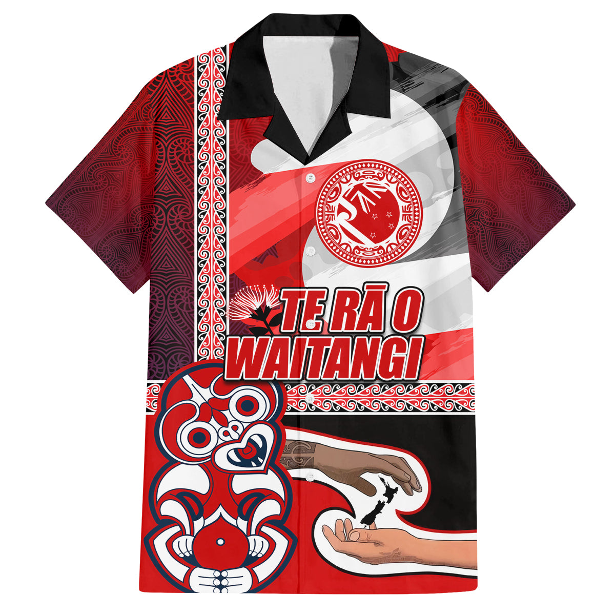 Maori Waitangi Family Matching Off Shoulder Short Dress and Hawaiian Shirt Hei-tiki Koru with Tino Rangatiratanga Maori Flag LT03 Dad's Shirt - Short Sleeve Red - Polynesian Pride