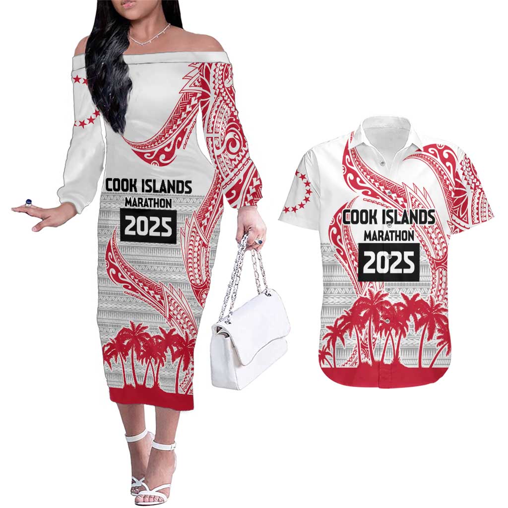 Cook Islands Marathon 2025-Pursuit in Paradise Couples Matching Off The Shoulder Long Sleeve Dress and Hawaiian Shirt Red Color LT03 Red - Polynesian Pride
