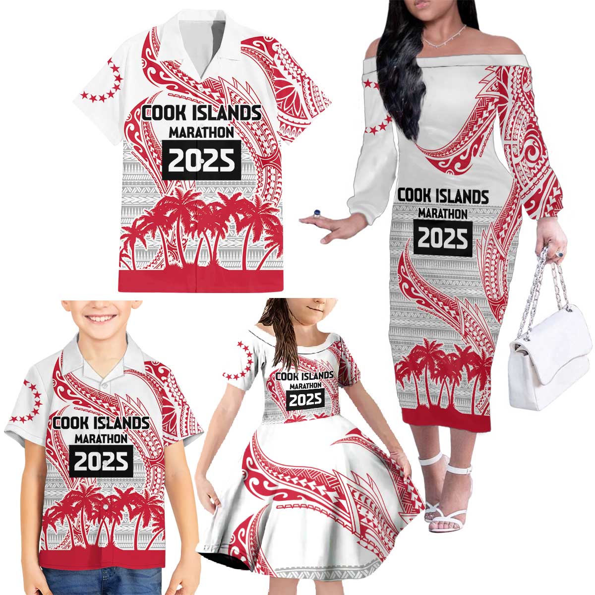 Cook Islands Marathon 2025-Pursuit in Paradise Family Matching Off The Shoulder Long Sleeve Dress and Hawaiian Shirt Red Color LT03 - Polynesian Pride