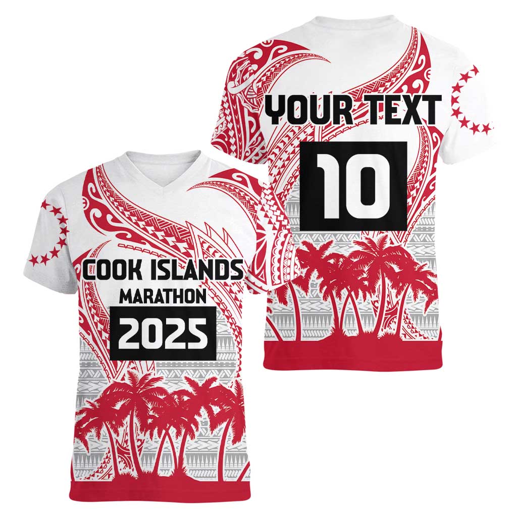 Cook Islands Marathon 2025-Pursuit in Paradise Women V-Neck T-Shirt Red Color