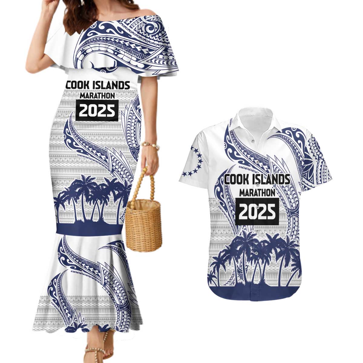 Cook Islands Marathon 2025-Pursuit in Paradise Couples Matching Mermaid Dress and Hawaiian Shirt Blue Color LT03 Blue - Polynesian Pride
