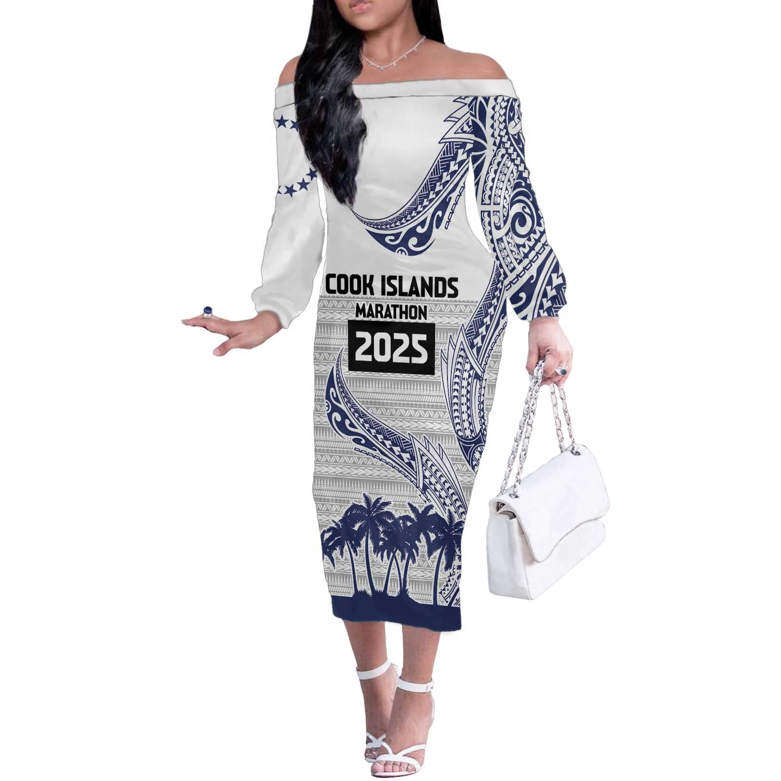 Cook Islands Marathon 2025-Pursuit in Paradise Off The Shoulder Long Sleeve Dress Blue Color