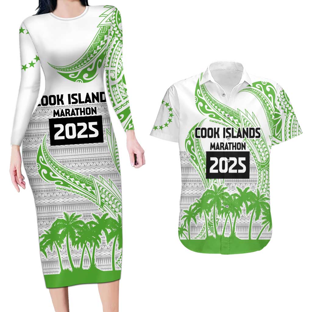 Cook Islands Marathon 2025-Pursuit in Paradise Couples Matching Long Sleeve Bodycon Dress and Hawaiian Shirt Green Color LT03 Green - Polynesian Pride