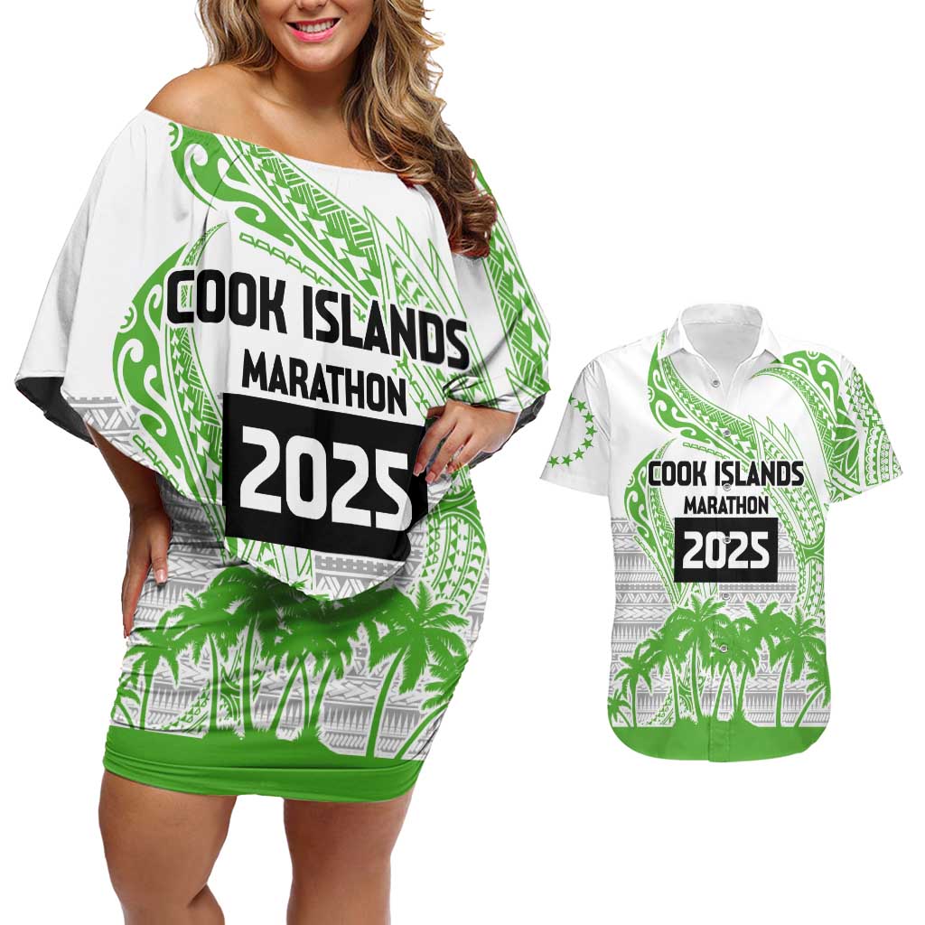 Cook Islands Marathon 2025-Pursuit in Paradise Couples Matching Off Shoulder Short Dress and Hawaiian Shirt Green Color LT03 Green - Polynesian Pride