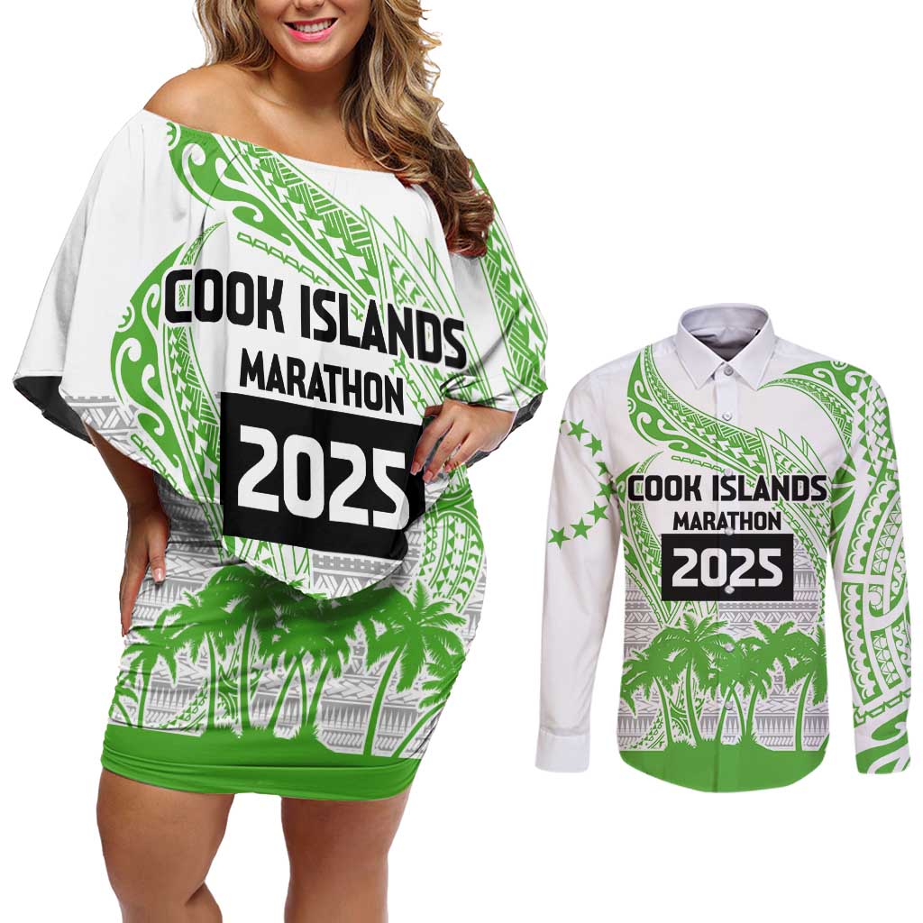 Cook Islands Marathon 2025-Pursuit in Paradise Couples Matching Off Shoulder Short Dress and Long Sleeve Button Shirt Green Color LT03 Green - Polynesian Pride