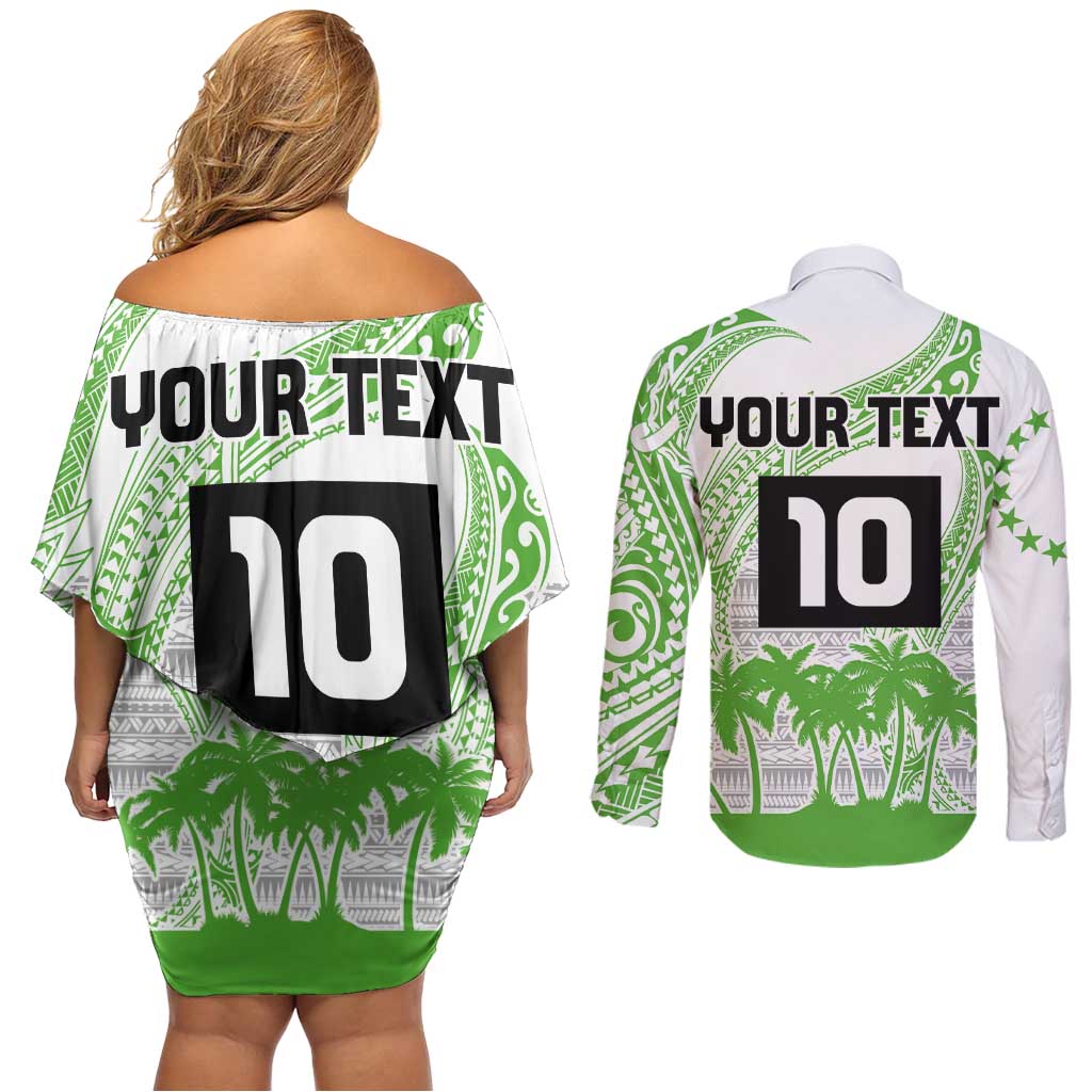 Cook Islands Marathon 2025-Pursuit in Paradise Couples Matching Off Shoulder Short Dress and Long Sleeve Button Shirt Green Color LT03 - Polynesian Pride