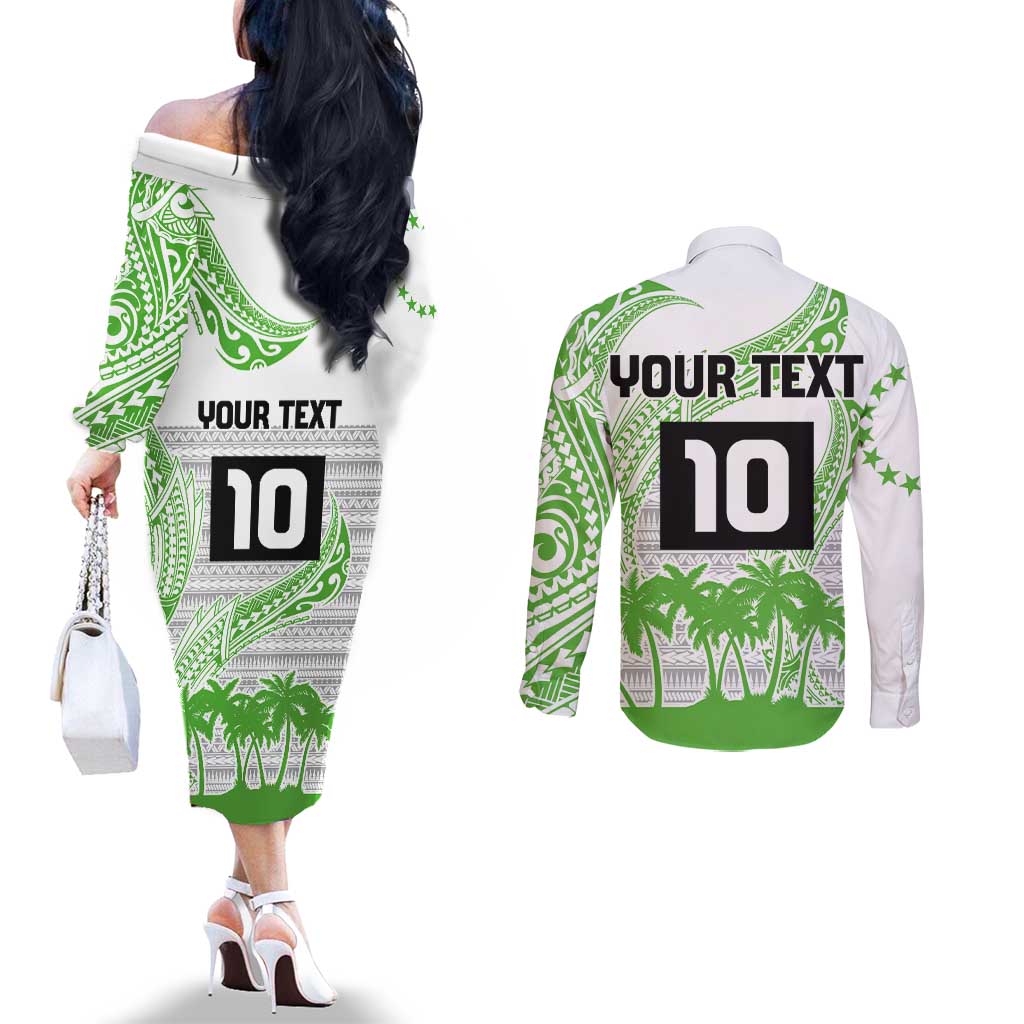 Cook Islands Marathon 2025-Pursuit in Paradise Couples Matching Off The Shoulder Long Sleeve Dress and Long Sleeve Button Shirt Green Color LT03 - Polynesian Pride