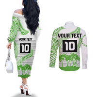 Cook Islands Marathon 2025-Pursuit in Paradise Couples Matching Off The Shoulder Long Sleeve Dress and Long Sleeve Button Shirt Green Color LT03 - Polynesian Pride