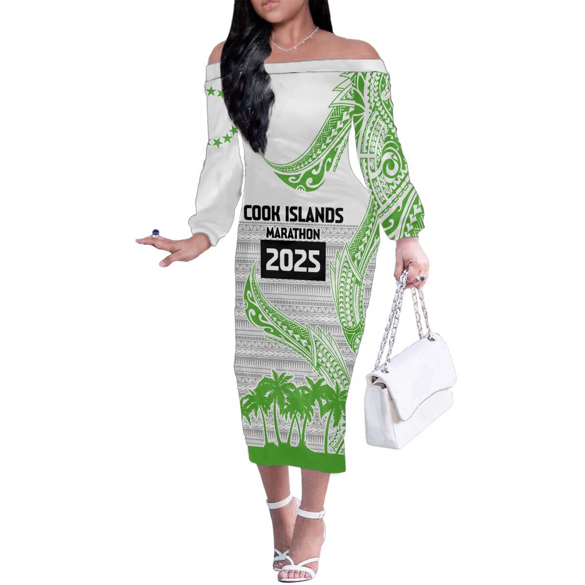 Cook Islands Marathon 2025-Pursuit in Paradise Family Matching Off The Shoulder Long Sleeve Dress and Hawaiian Shirt Green Color LT03 Mom's Dress Green - Polynesian Pride