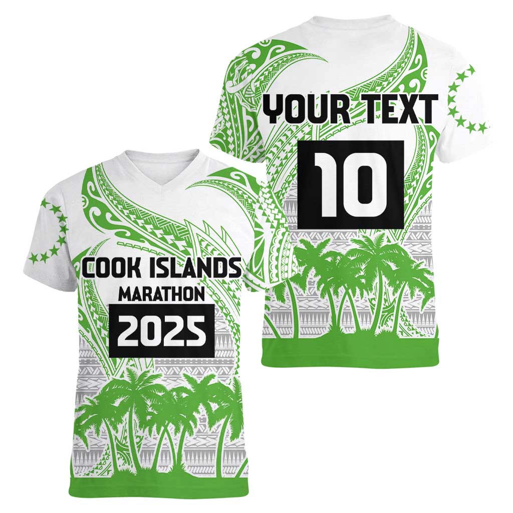 Cook Islands Marathon 2025-Pursuit in Paradise Women V-Neck T-Shirt Green Color
