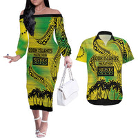 Cook Islands Marathon 2025-Pursuit in Paradise Couples Matching Off The Shoulder Long Sleeve Dress and Hawaiian Shirt Special Edition LT03 Yellow-Green - Polynesian Pride