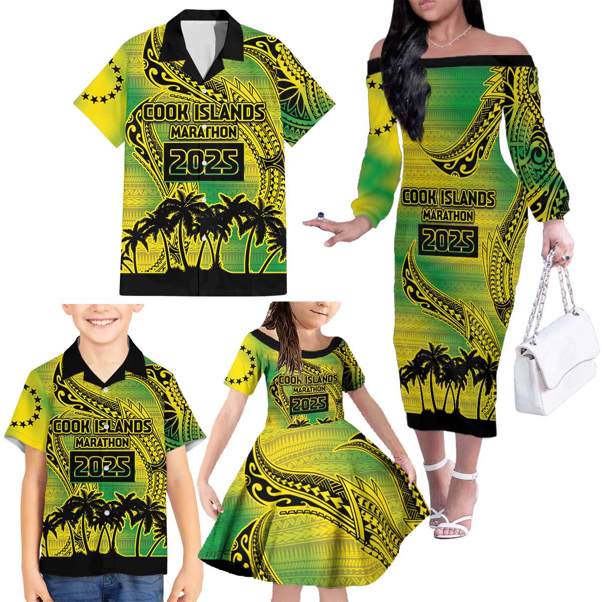 Cook Islands Marathon 2025-Pursuit in Paradise Family Matching Off The Shoulder Long Sleeve Dress and Hawaiian Shirt Special Edition LT03 - Polynesian Pride