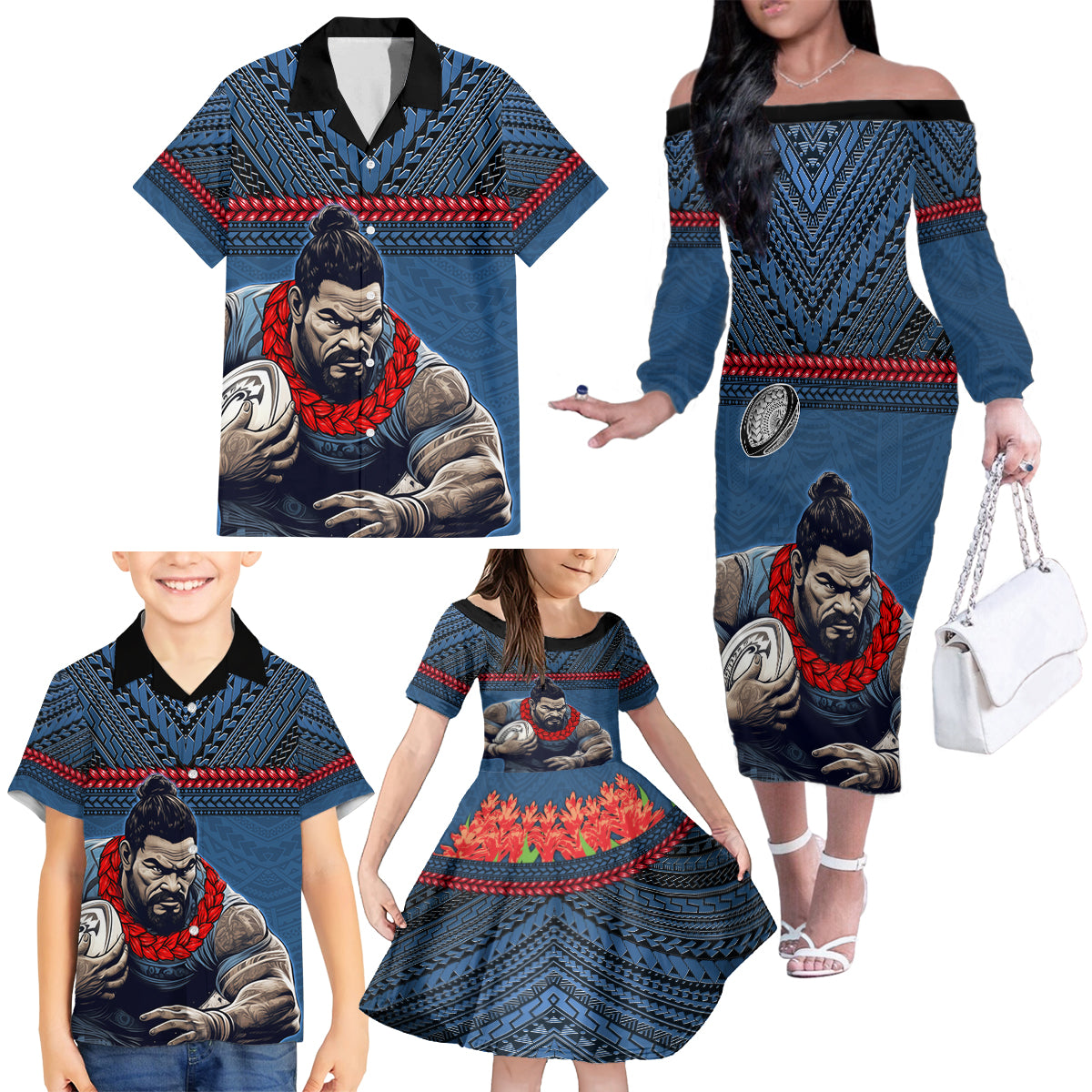 Custom Toa Samoa Rugby Family Matching Off The Shoulder Long Sleeve Dress and Hawaiian Shirt Samoan Warrior Ula Fala Tribal Pattern LT03 - Polynesian Pride
