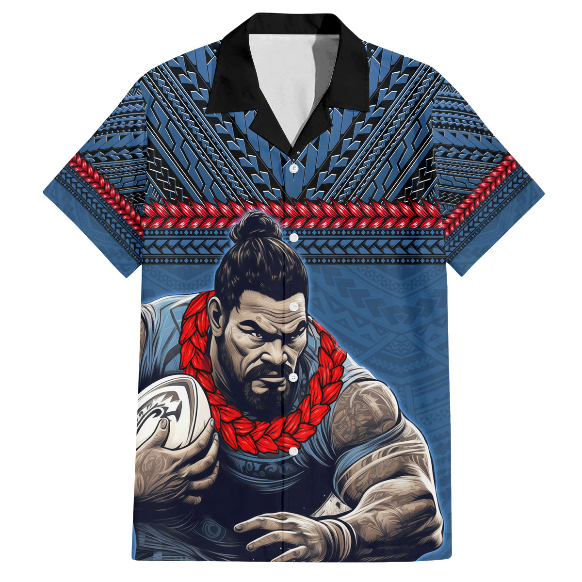 Custom Toa Samoa Rugby Family Matching Off The Shoulder Long Sleeve Dress and Hawaiian Shirt Samoan Warrior Ula Fala Tribal Pattern LT03 Dad's Shirt - Short Sleeve Blue - Polynesian Pride