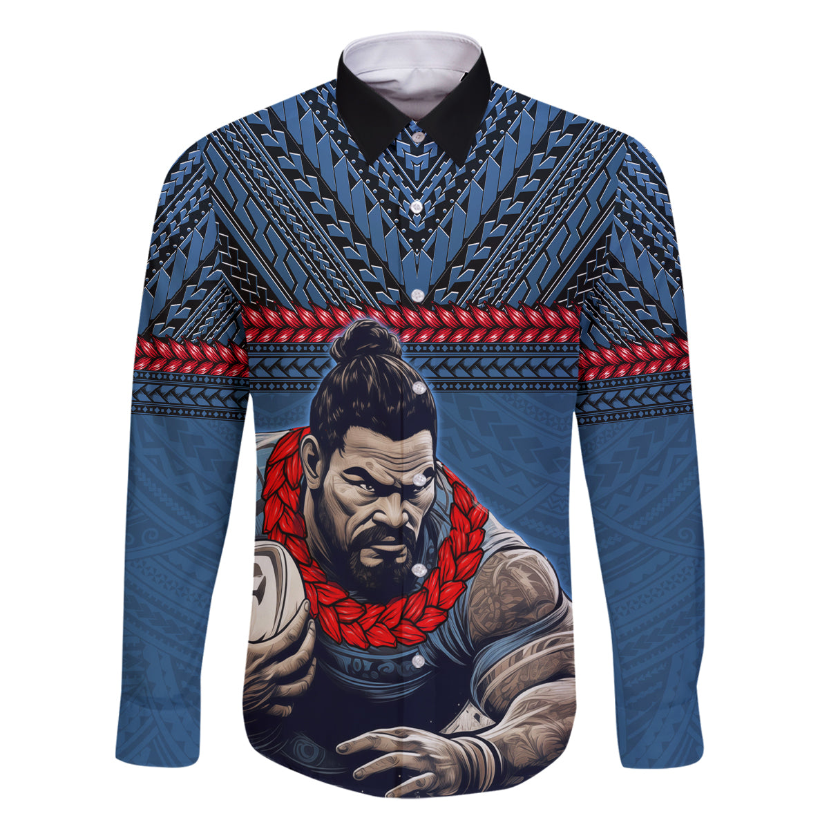 Custom Toa Samoa Rugby Family Matching Off The Shoulder Long Sleeve Dress and Hawaiian Shirt Samoan Warrior Ula Fala Tribal Pattern LT03 Dad's Shirt - Long Sleeve Blue - Polynesian Pride