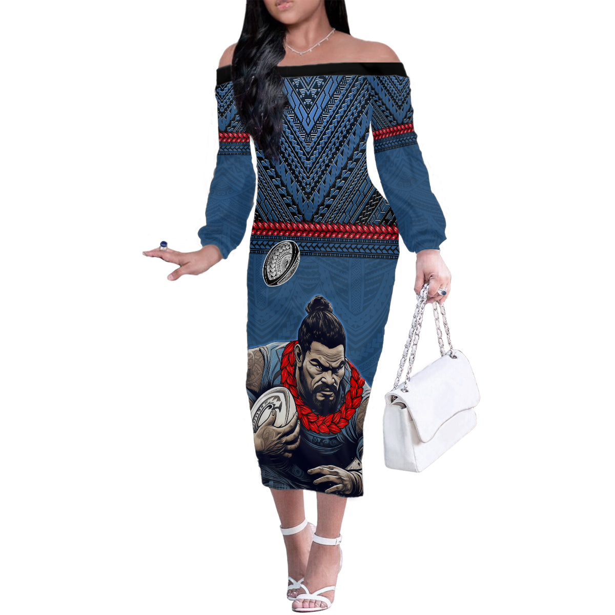 Custom Toa Samoa Rugby Family Matching Off The Shoulder Long Sleeve Dress and Hawaiian Shirt Samoan Warrior Ula Fala Tribal Pattern LT03 Mom's Dress Blue - Polynesian Pride
