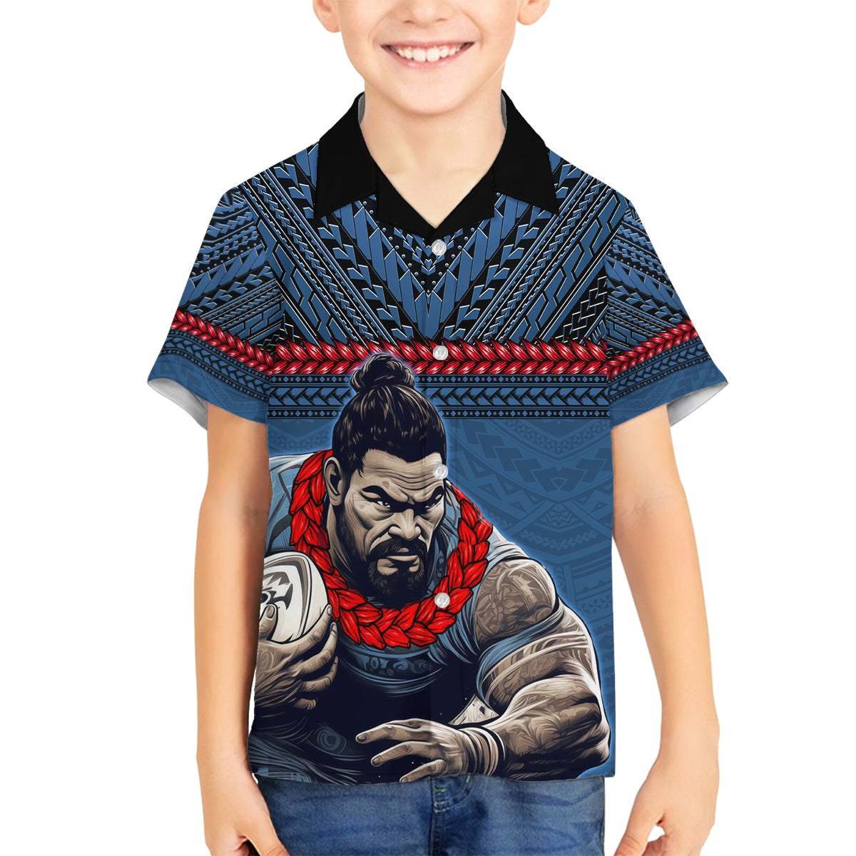 Custom Toa Samoa Rugby Family Matching Off The Shoulder Long Sleeve Dress and Hawaiian Shirt Samoan Warrior Ula Fala Tribal Pattern LT03 Son's Shirt Blue - Polynesian Pride