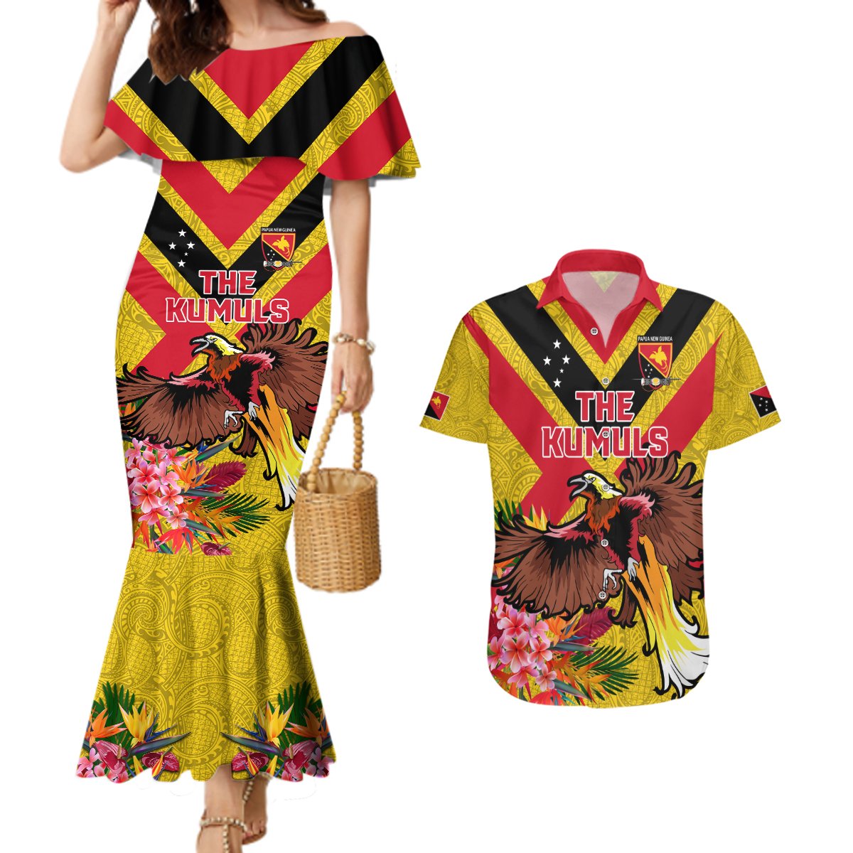 Custom Papua New Guinea Rugby Couples Matching Mermaid Dress and Hawaiian Shirt Bird of Paradise and Hibiscus Polynesian Pattern Yellow Color LT03 Yellow - Polynesian Pride