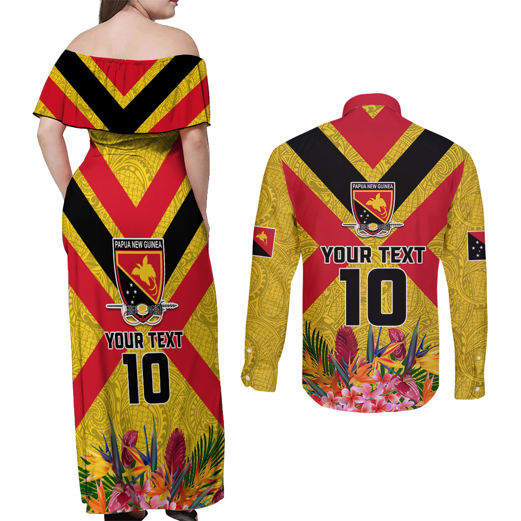 Custom Papua New Guinea Rugby Couples Matching Off Shoulder Maxi Dress and Long Sleeve Button Shirt Bird of Paradise and Hibiscus Polynesian Pattern Yellow Color LT03 - Polynesian Pride