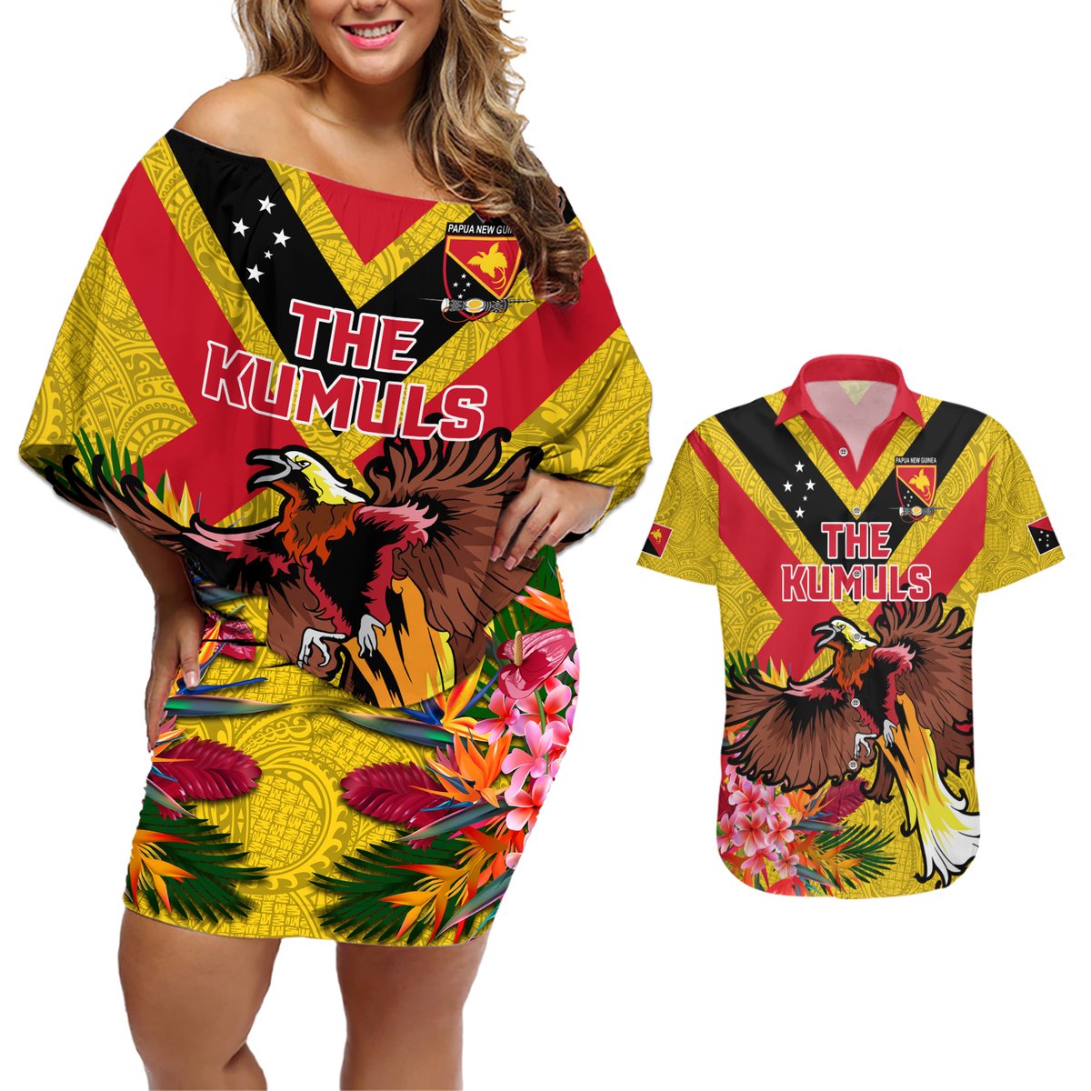 Custom Papua New Guinea Rugby Couples Matching Off Shoulder Short Dress and Hawaiian Shirt Bird of Paradise and Hibiscus Polynesian Pattern Yellow Color LT03 Yellow - Polynesian Pride