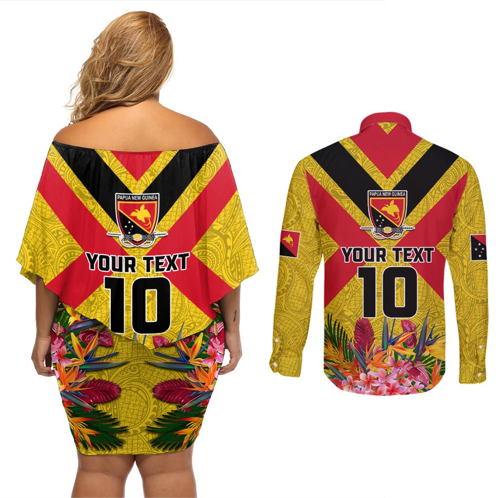 Custom Papua New Guinea Rugby Couples Matching Off Shoulder Short Dress and Long Sleeve Button Shirt Bird of Paradise and Hibiscus Polynesian Pattern Yellow Color LT03 - Polynesian Pride