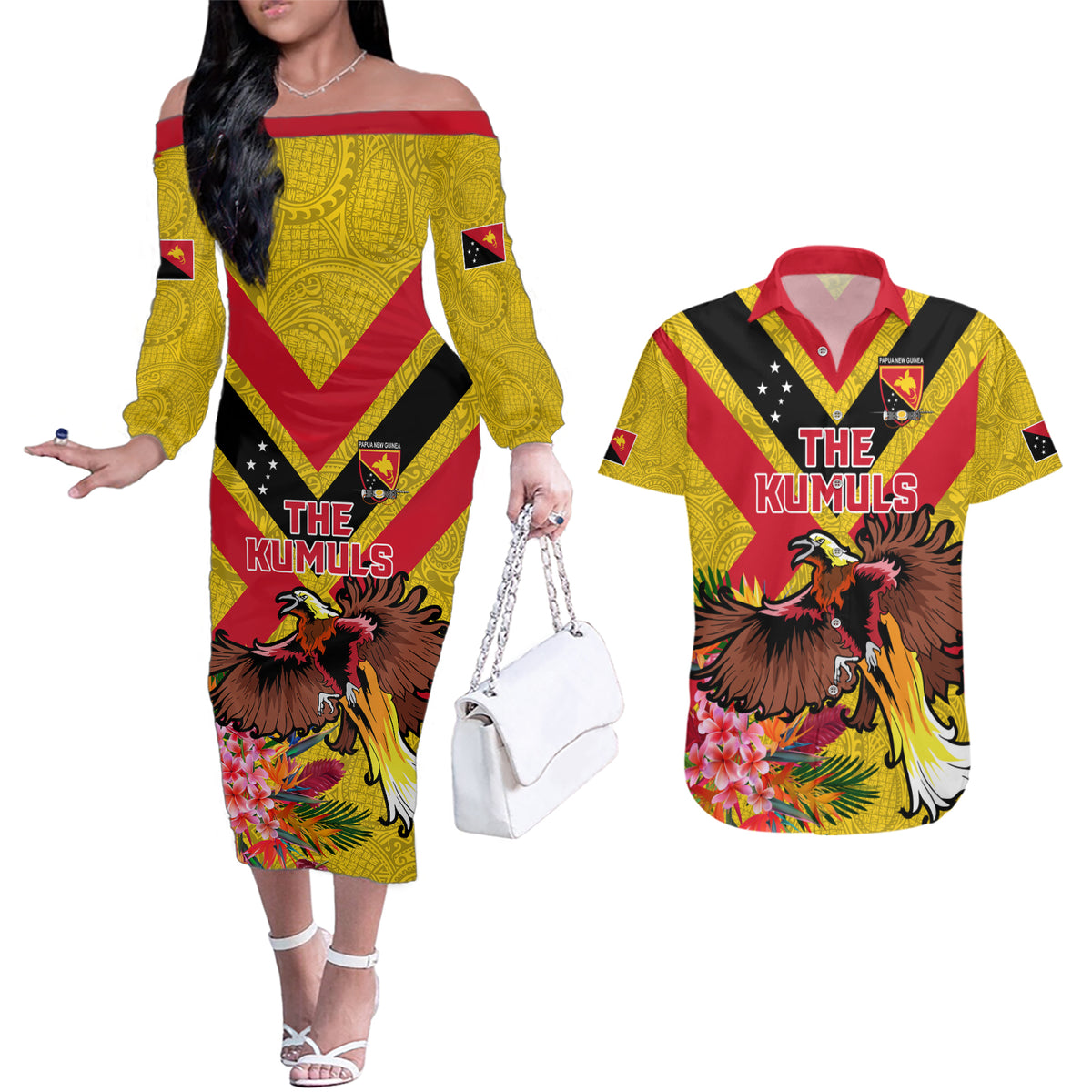 Custom Papua New Guinea Rugby Couples Matching Off The Shoulder Long Sleeve Dress and Hawaiian Shirt Bird of Paradise and Hibiscus Polynesian Pattern Yellow Color LT03 Yellow - Polynesian Pride