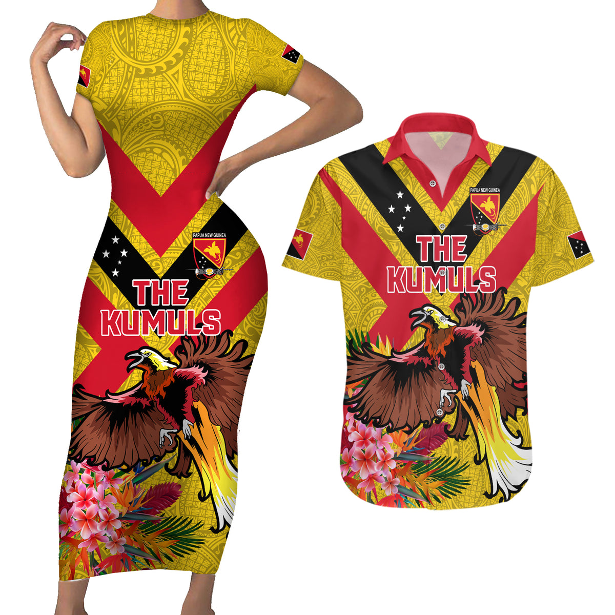 Custom Papua New Guinea Rugby Couples Matching Short Sleeve Bodycon Dress and Hawaiian Shirt Bird of Paradise and Hibiscus Polynesian Pattern Yellow Color LT03 Yellow - Polynesian Pride
