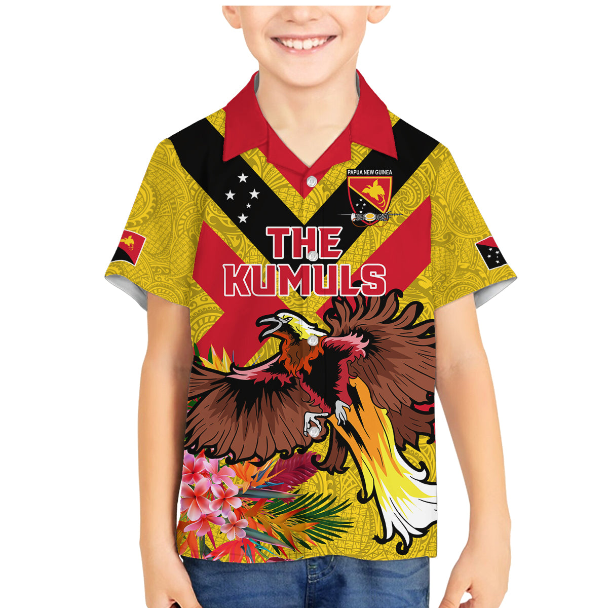 Custom Papua New Guinea Rugby Family Matching Mermaid Dress and Hawaiian Shirt Bird of Paradise and Hibiscus Polynesian Pattern Yellow Color LT03 Son's Shirt Yellow - Polynesian Pride