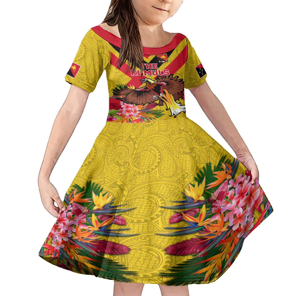 Custom Papua New Guinea Rugby Family Matching Off The Shoulder Long Sleeve Dress and Hawaiian Shirt Bird of Paradise and Hibiscus Polynesian Pattern Yellow Color LT03 Daughter's Dress Yellow - Polynesian Pride