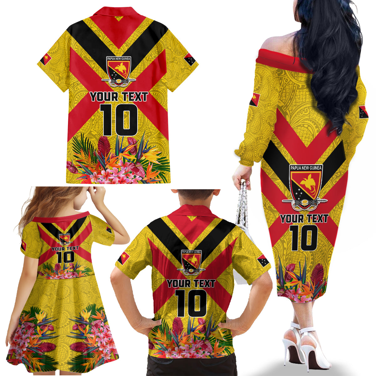 Custom Papua New Guinea Rugby Family Matching Off The Shoulder Long Sleeve Dress and Hawaiian Shirt Bird of Paradise and Hibiscus Polynesian Pattern Yellow Color LT03 - Polynesian Pride
