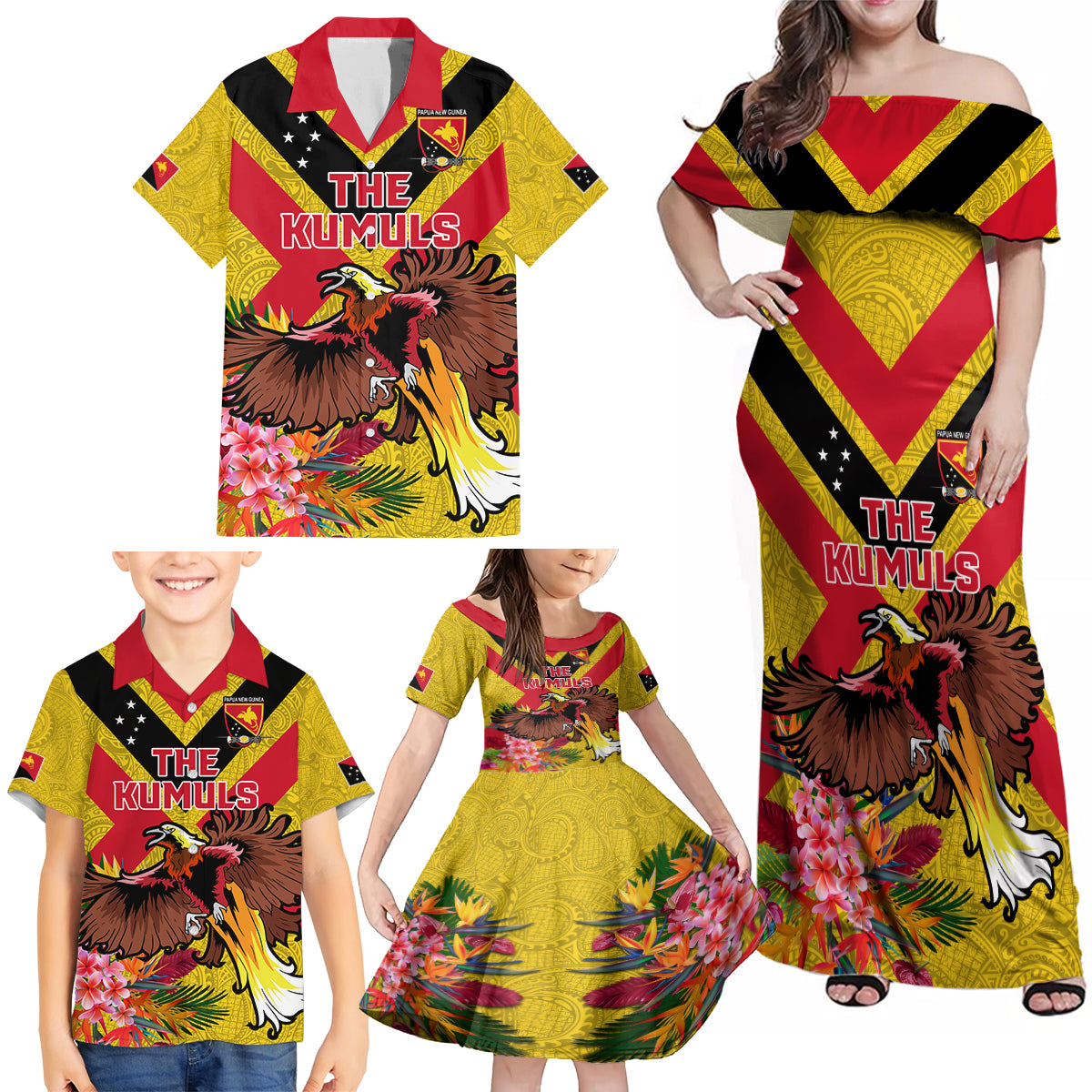 Custom Papua New Guinea Rugby Family Matching Off Shoulder Maxi Dress and Hawaiian Shirt Bird of Paradise and Hibiscus Polynesian Pattern Yellow Color LT03 - Polynesian Pride