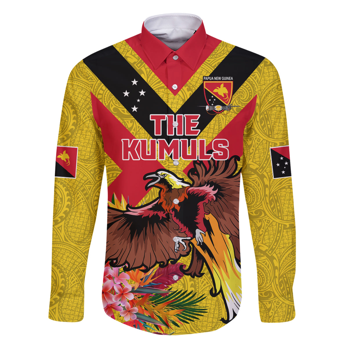 Custom Papua New Guinea Rugby Family Matching Off Shoulder Maxi Dress and Hawaiian Shirt Bird of Paradise and Hibiscus Polynesian Pattern Yellow Color LT03 Dad's Shirt - Long Sleeve Yellow - Polynesian Pride