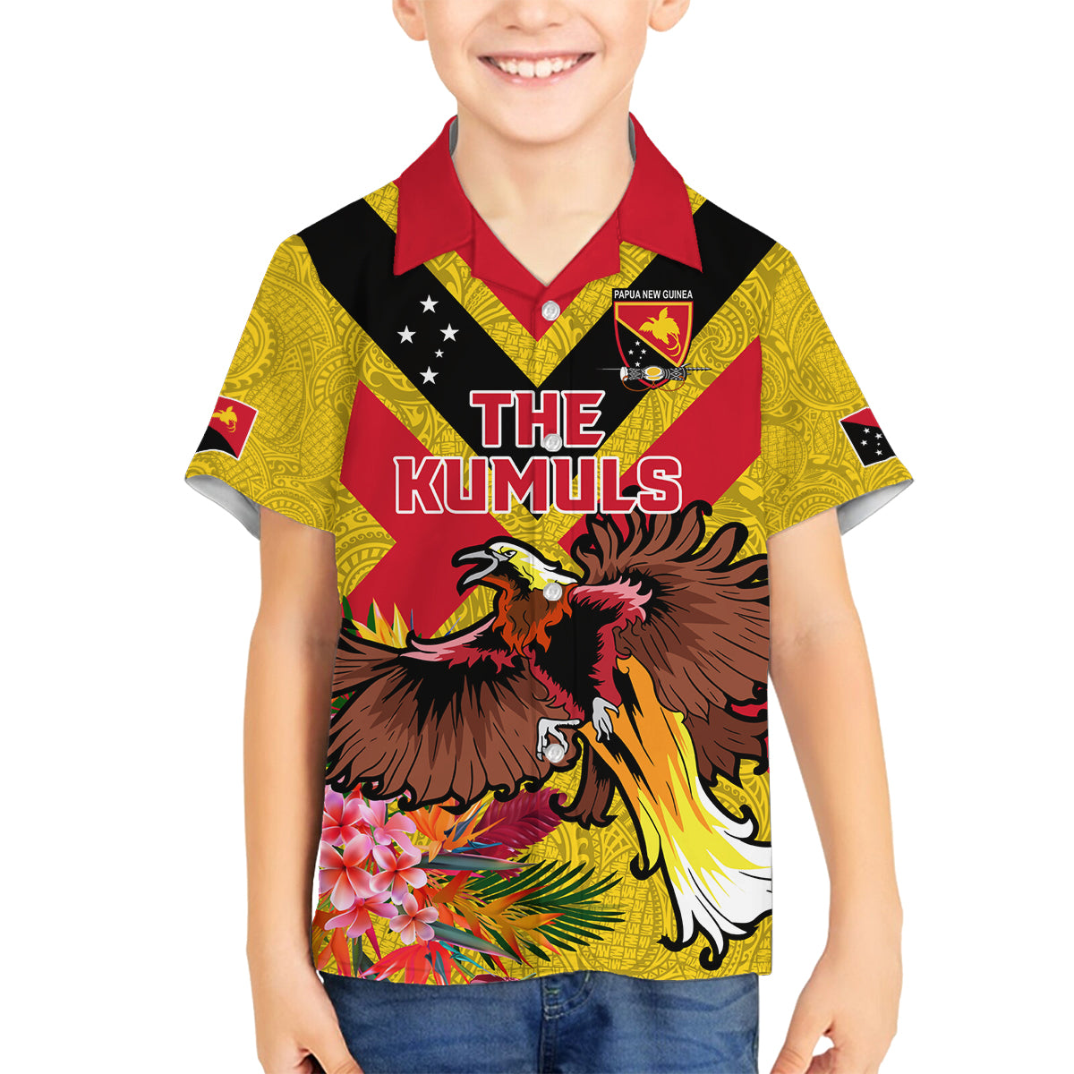 Custom Papua New Guinea Rugby Family Matching Off Shoulder Short Dress and Hawaiian Shirt Bird of Paradise and Hibiscus Polynesian Pattern Yellow Color LT03 Son's Shirt Yellow - Polynesian Pride