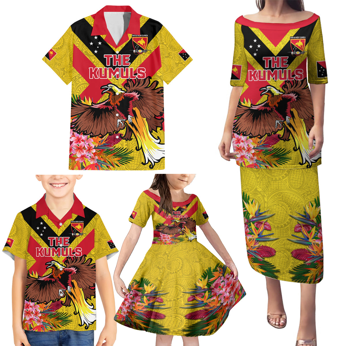 Custom Papua New Guinea Rugby Family Matching Puletasi and Hawaiian Shirt Bird of Paradise and Hibiscus Polynesian Pattern Yellow Color LT03 - Polynesian Pride