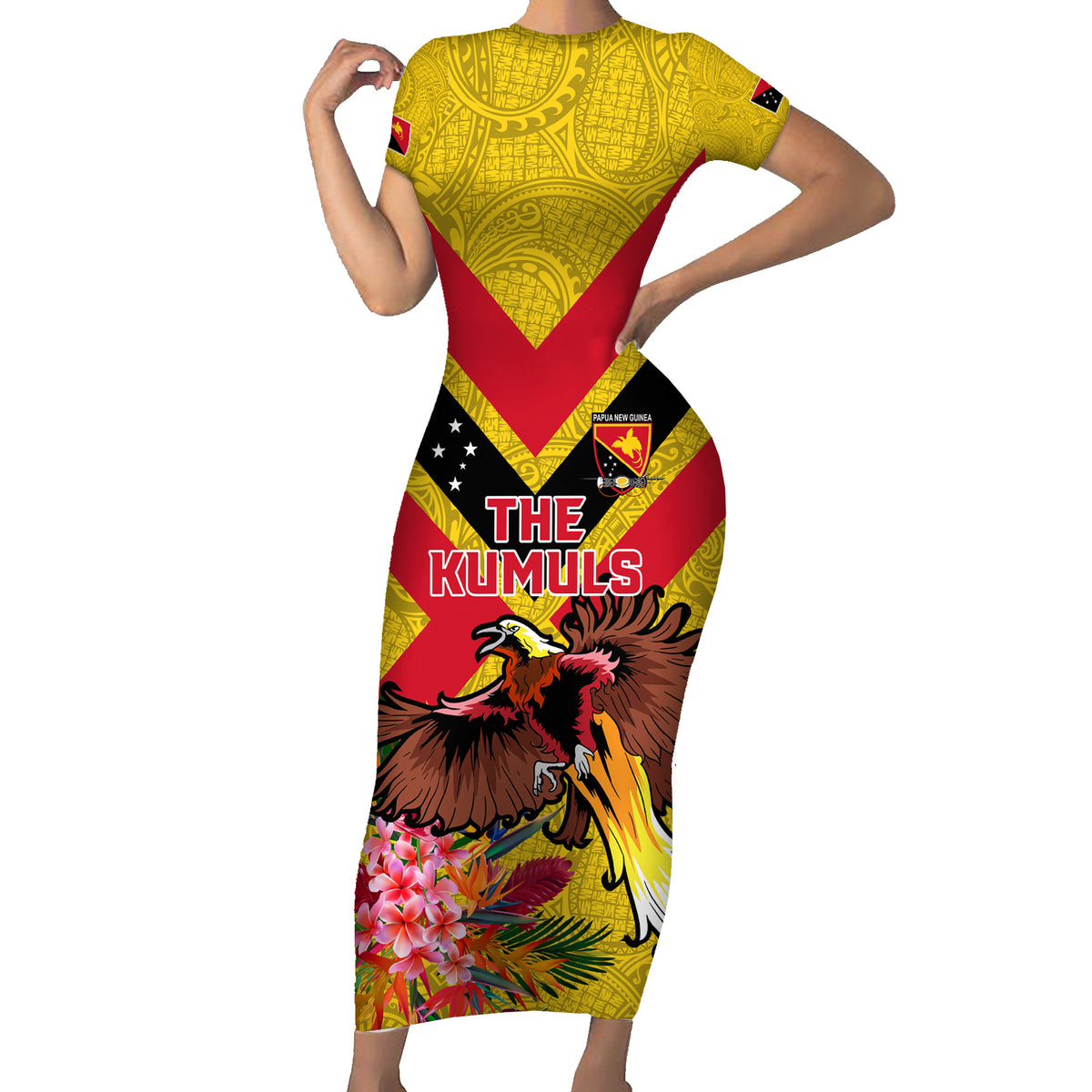 Custom Papua New Guinea Rugby Family Matching Short Sleeve Bodycon Dress and Hawaiian Shirt Bird of Paradise and Hibiscus Polynesian Pattern Yellow Color LT03 Mom's Dress Yellow - Polynesian Pride