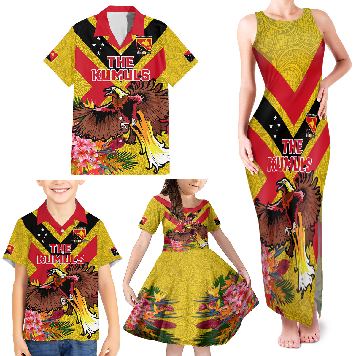 Custom Papua New Guinea Rugby Family Matching Tank Maxi Dress and Hawaiian Shirt Bird of Paradise and Hibiscus Polynesian Pattern Yellow Color LT03 - Polynesian Pride