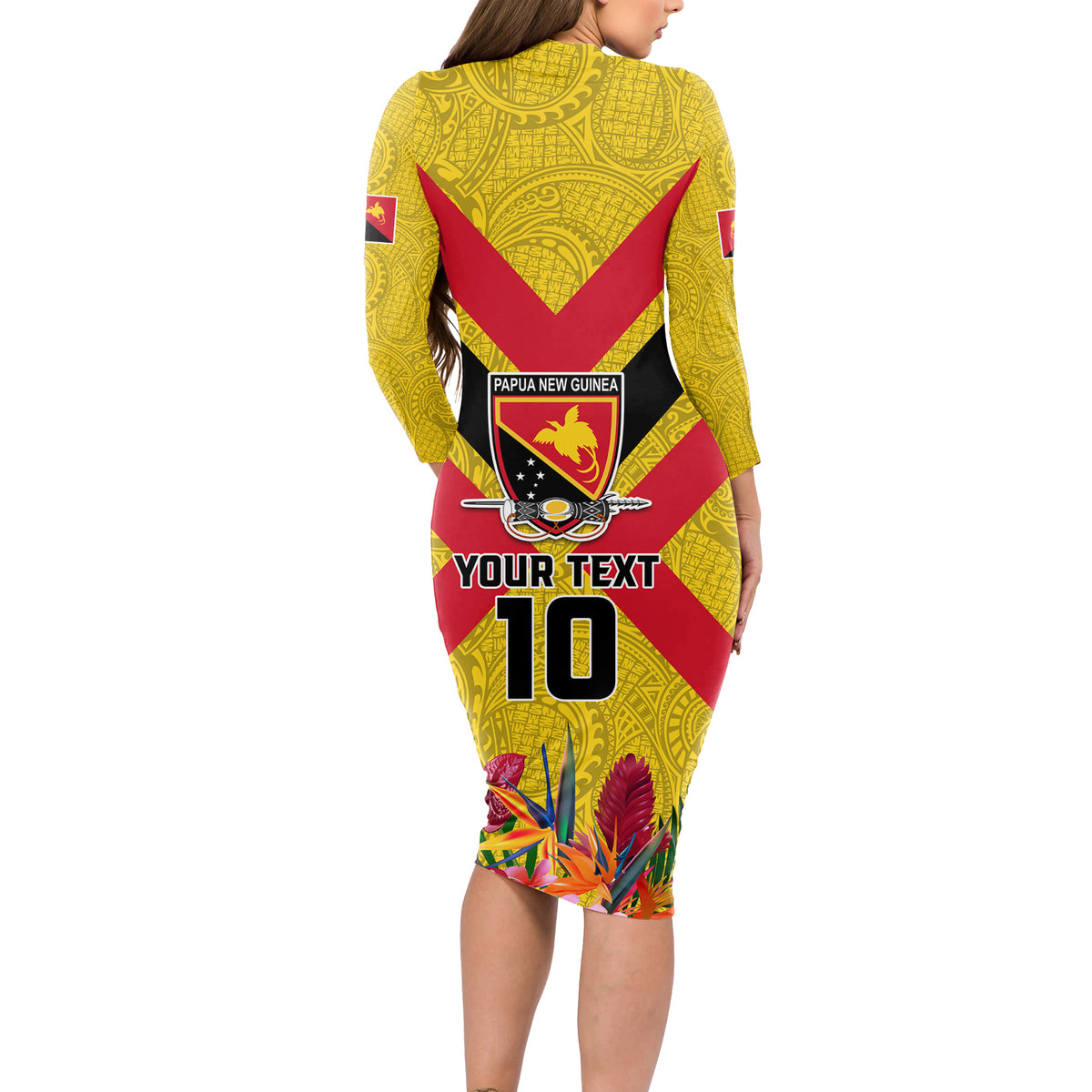 Custom Papua New Guinea Rugby Long Sleeve Bodycon Dress Bird of Paradise and Hibiscus Polynesian Pattern Yellow Color LT03 - Polynesian Pride