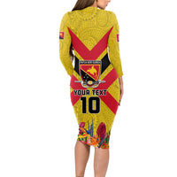 Custom Papua New Guinea Rugby Long Sleeve Bodycon Dress Bird of Paradise and Hibiscus Polynesian Pattern Yellow Color LT03 - Polynesian Pride