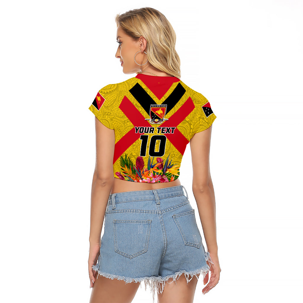 Custom Papua New Guinea Rugby Raglan Cropped T Shirt Bird of Paradise and Hibiscus Polynesian Pattern Yellow Color LT03