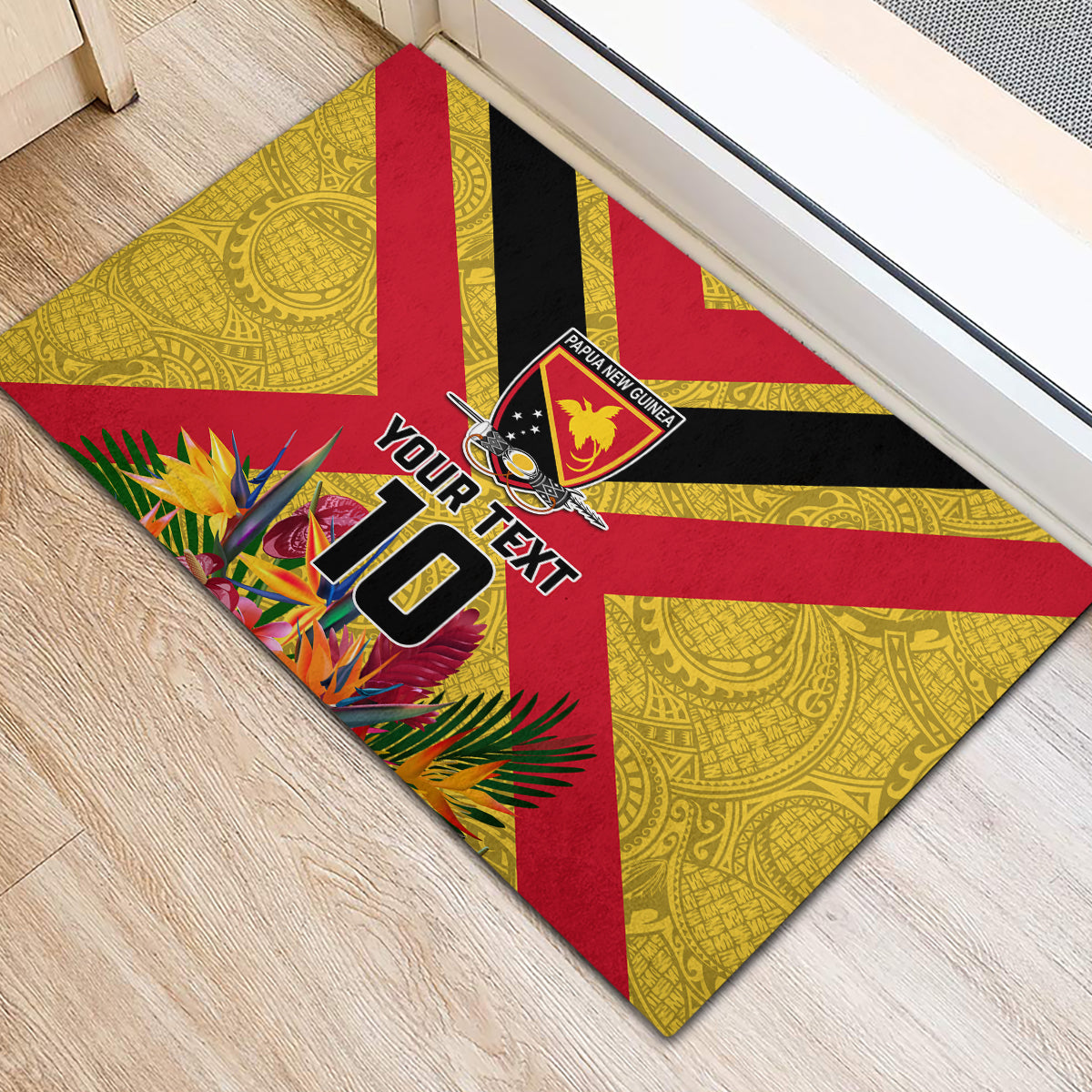 Custom Papua New Guinea Rugby Rubber Doormat Bird of Paradise and Hibiscus Polynesian Pattern Yellow Color LT03 - Polynesian Pride