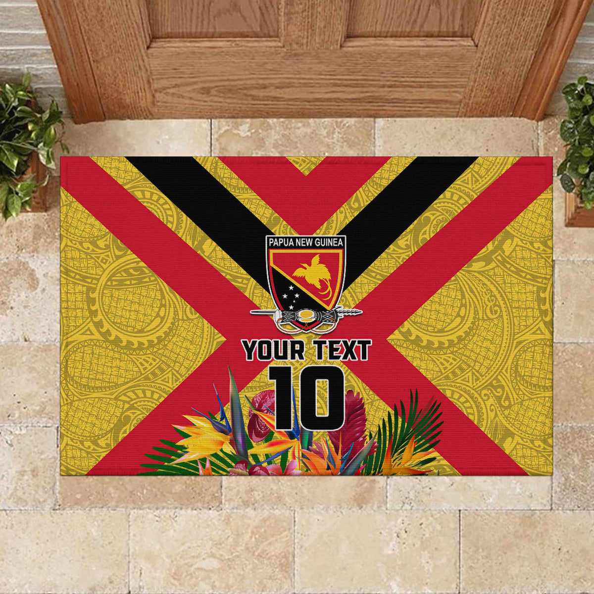 Custom Papua New Guinea Rugby Rubber Doormat Bird of Paradise and Hibiscus Polynesian Pattern Yellow Color LT03 - Polynesian Pride