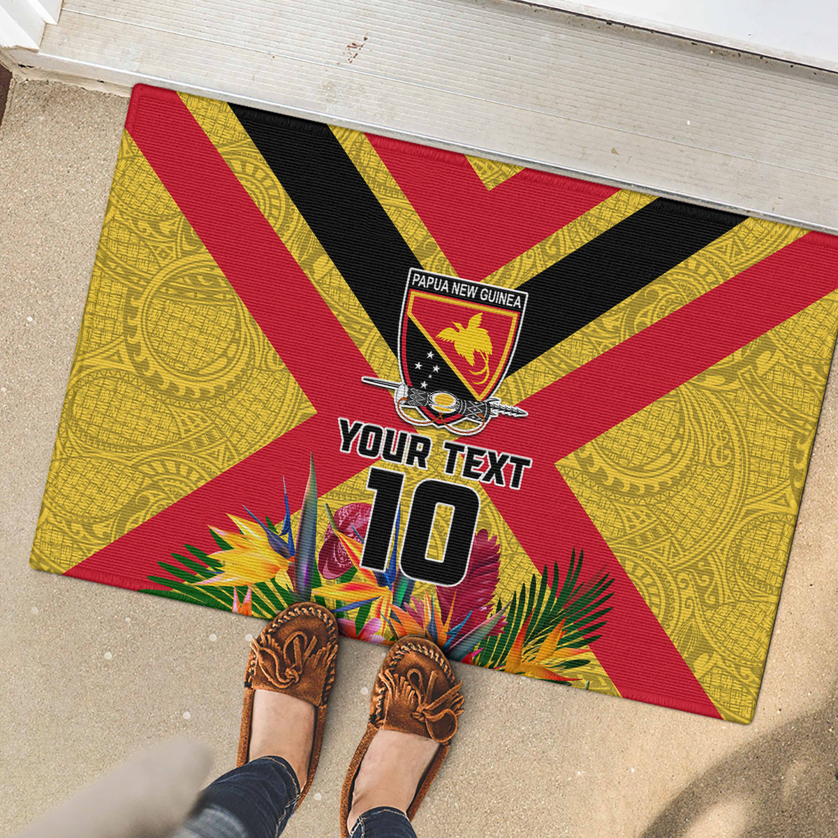 Custom Papua New Guinea Rugby Rubber Doormat Bird of Paradise and Hibiscus Polynesian Pattern Yellow Color LT03 - Polynesian Pride