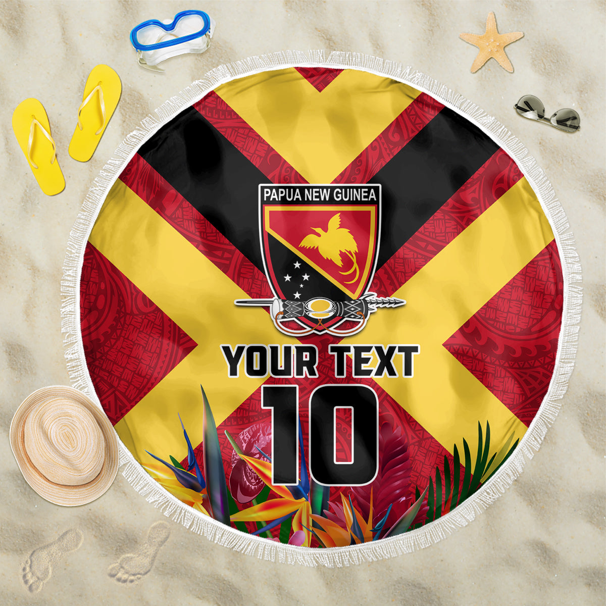 Custom Papua New Guinea Rugby Beach Blanket Bird of Paradise and Hibiscus Polynesian Pattern Red Color