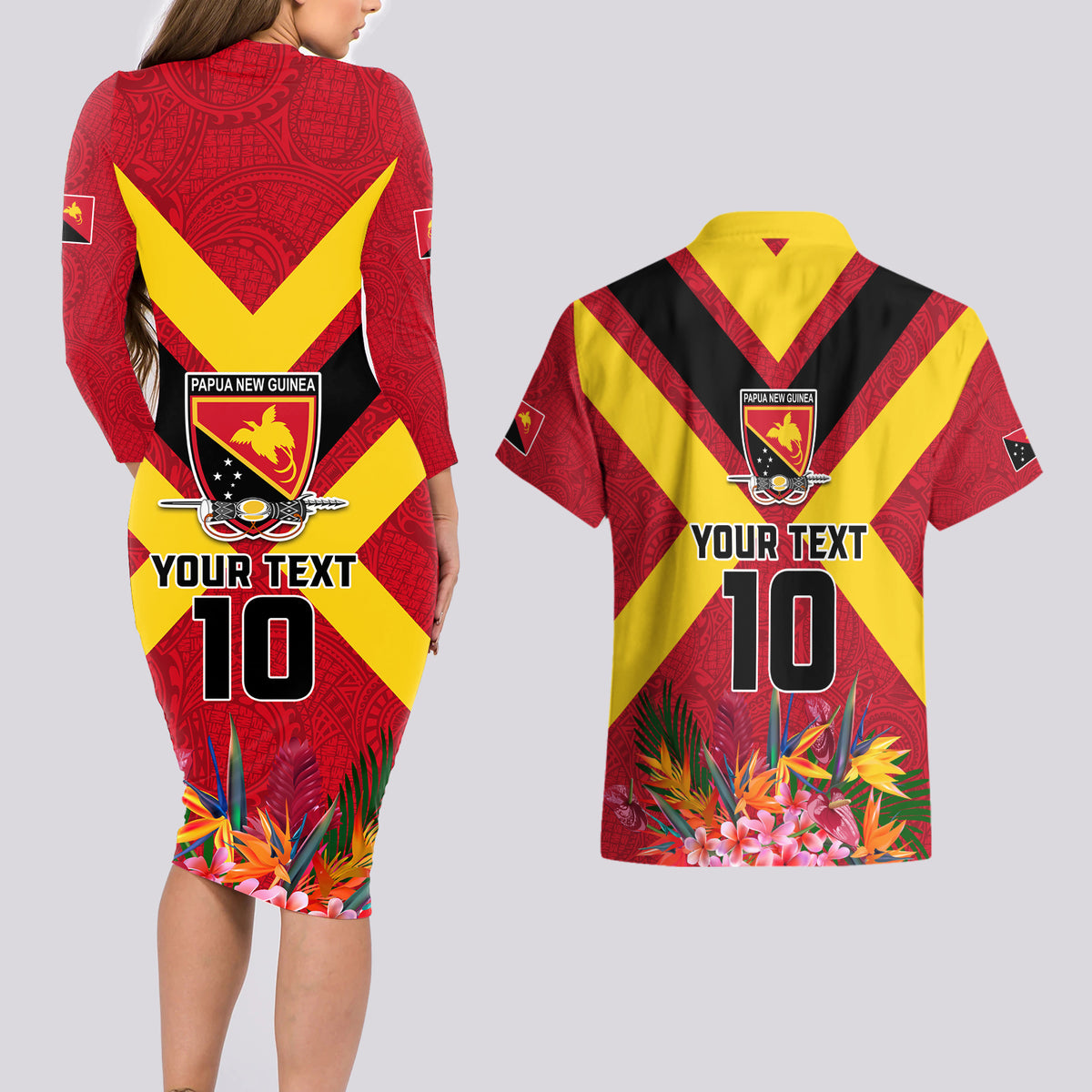 Custom Papua New Guinea Rugby Couples Matching Long Sleeve Bodycon Dress and Hawaiian Shirt Bird of Paradise and Hibiscus Polynesian Pattern Red Color LT03 - Polynesian Pride