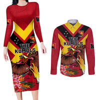 Custom Papua New Guinea Rugby Couples Matching Long Sleeve Bodycon Dress and Long Sleeve Button Shirt Bird of Paradise and Hibiscus Polynesian Pattern Red Color LT03 Red - Polynesian Pride