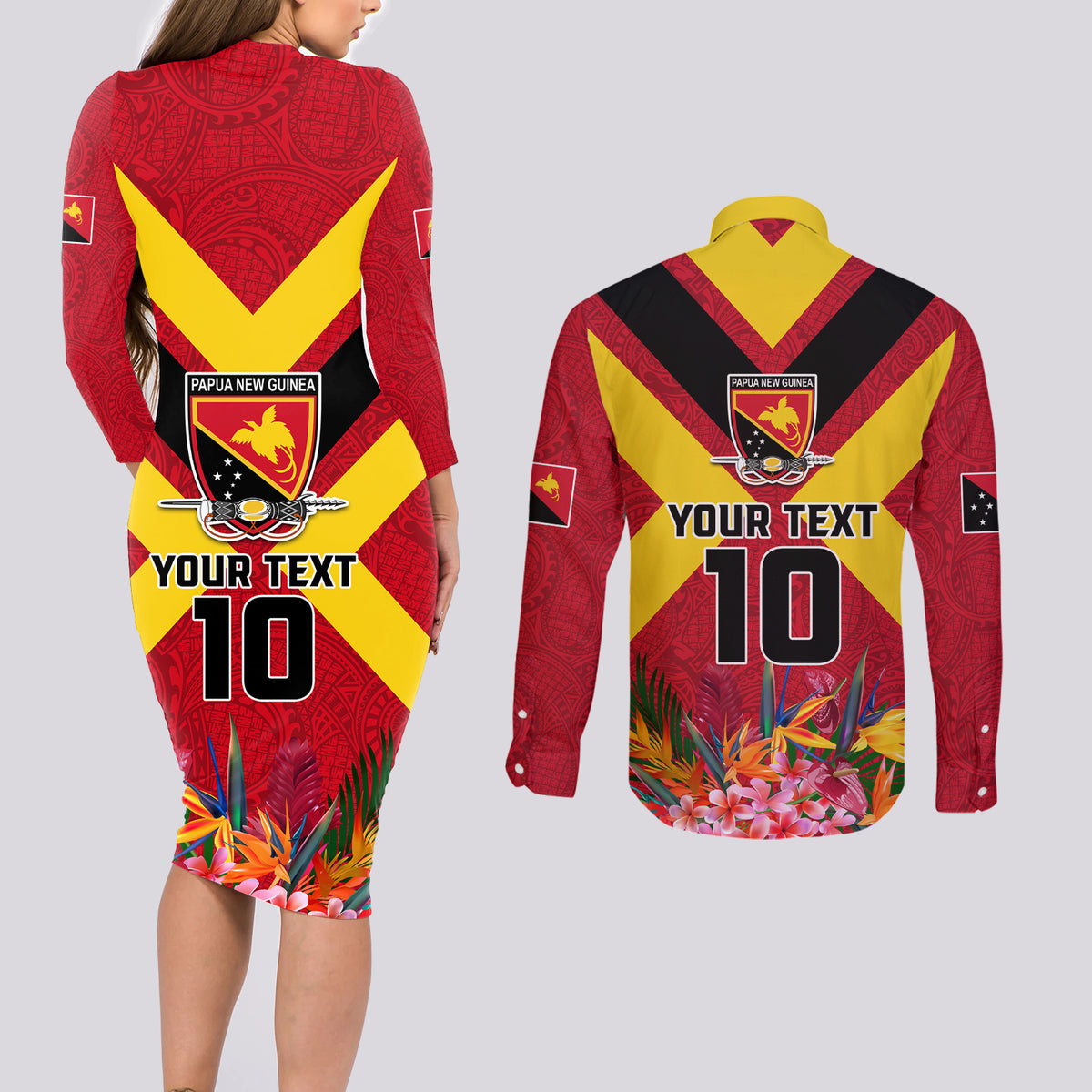 Custom Papua New Guinea Rugby Couples Matching Long Sleeve Bodycon Dress and Long Sleeve Button Shirt Bird of Paradise and Hibiscus Polynesian Pattern Red Color LT03 - Polynesian Pride